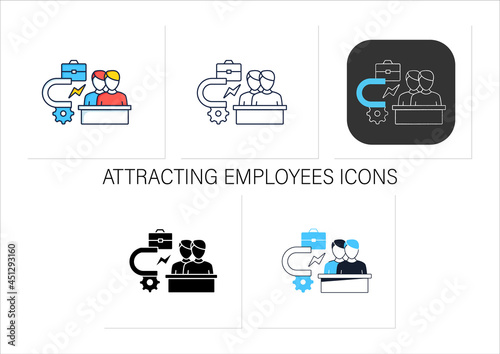 Attracting employees icons set. Inviting new workers into company. Fresh view. Attract best, talented employees.Collection of icons in linear, filled, color styles.Isolated vector illustrations 