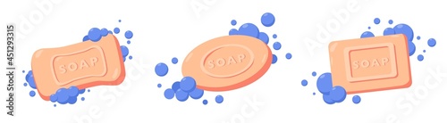 Bar of soap with foam isolated on white background collection. Vector flat illustration. Pink bath soap in water. Body care set