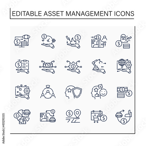 Asset management line icons set. Financial resources. Monitoring accounts. Identification, evaluation.Control.Business concept. Isolated vector illustration.Editable stroke