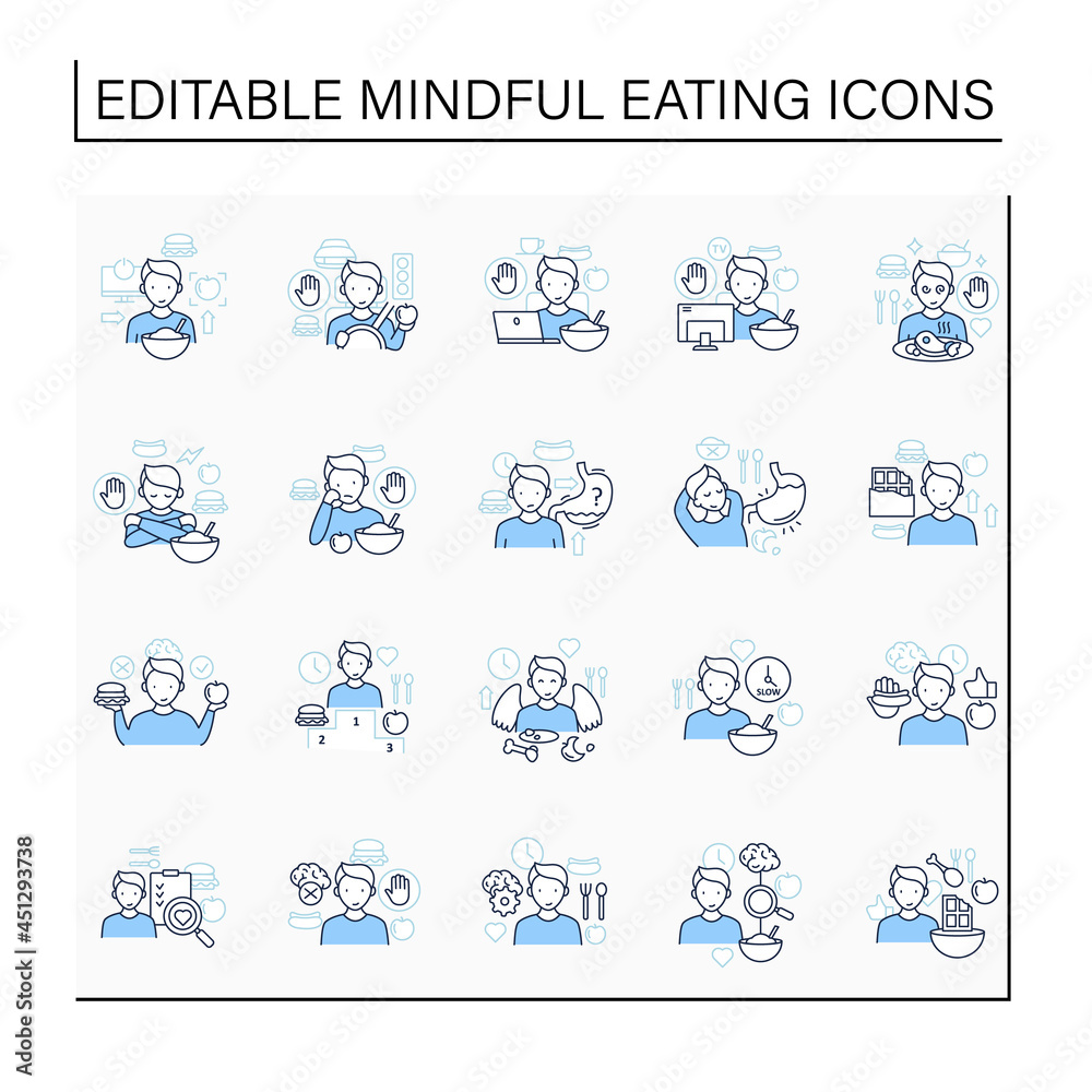 Mindful eating line icons set. Conscious, intuitive nutrition. Eating habits. Hunger signals. Mealtimes concept. Isolated vector illustration.Editable stroke