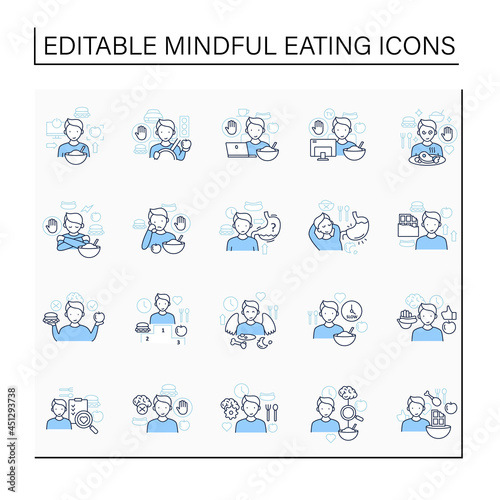 Mindful eating line icons set. Conscious, intuitive nutrition. Eating habits. Hunger signals. Mealtimes concept. Isolated vector illustration.Editable stroke