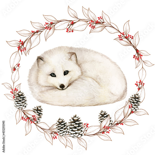 Watercolor white arctic fox in a winter snowy wreath