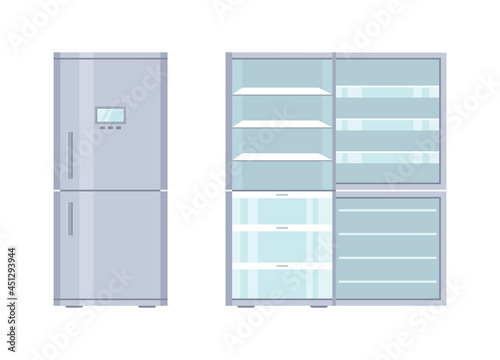 Fridge. Open and closed refrigerator with freezer. Empty fridge with door and shelf for kitchen. Inside modern machine for storage and cold of products. Cartoon illustration in flat stele. Vector