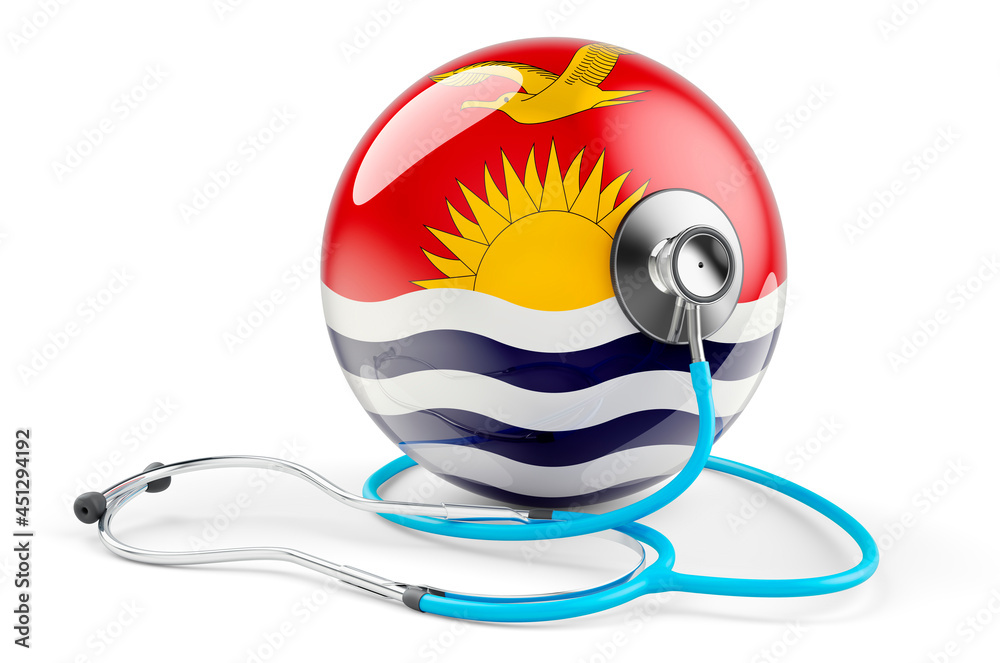 Kiribatian flag with stethoscope. Health care in Kiribati concept, 3D rendering Kiribatian flag with stethoscope. Health care in Kiribati concept, 3D rendering