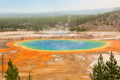 Overview of Grand Prismatic Spring viewing from Grand Prismatic Overlook, Yellowstone National Park, Wyoming USA