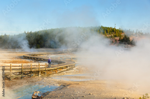 Sunrise at Norris Geyser Basin of Yellow stone National Park. Wyoming USA.