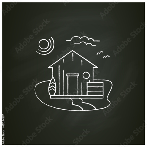 Beach hut chalk icon. Wooden comfortable house on beach. Surfboards. Seascape. Rest concept. Isolated vector illustration on chalkboard