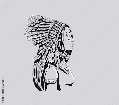 Apache girl sketch wearing a traditional male clothes and feathers. Tattoo design, line art, white flares, gray background. Culture and religion.