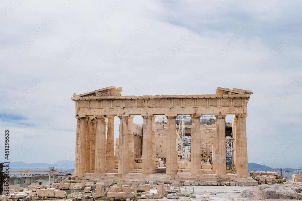 The Parthenon. Acropolis hill in Athens, Greece. Ancient architecture of Europe. Antique temple. Huge columns. Nobody.