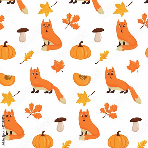 Autumn pattern. Seamless background with autumn elements, fox, pumpkin, mushrooms, autumn foliage. Vector illustration cartoon style.