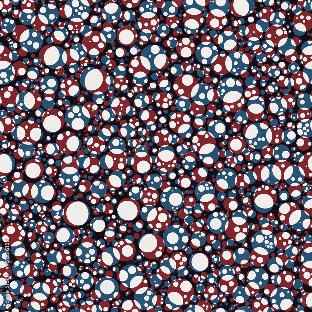 Seamless red and blue overlay circles and shapes pattern for surface print. High quality illustration. Simple minimalistic geometric deco design resembling bubbles or balloons. Contemporary modern art
