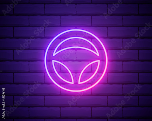 Glowing neon Steering wheel icon isolated on brick wall background. Car wheel icon. Vector Illustration