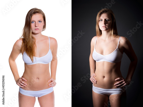 Two portraits of an attractive blonde woman wearing casual white underwear in front of white and black studio background