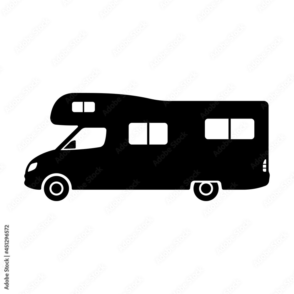 Motorhome icon. Camper minibus. Black silhouette. Side view. Vector simple flat graphic illustration. The isolated object on a white background. Isolate.