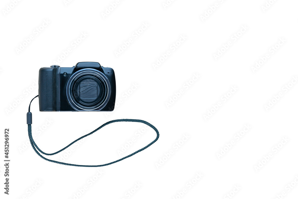 small-sized camera with a woven fabric strap isolated on white background
