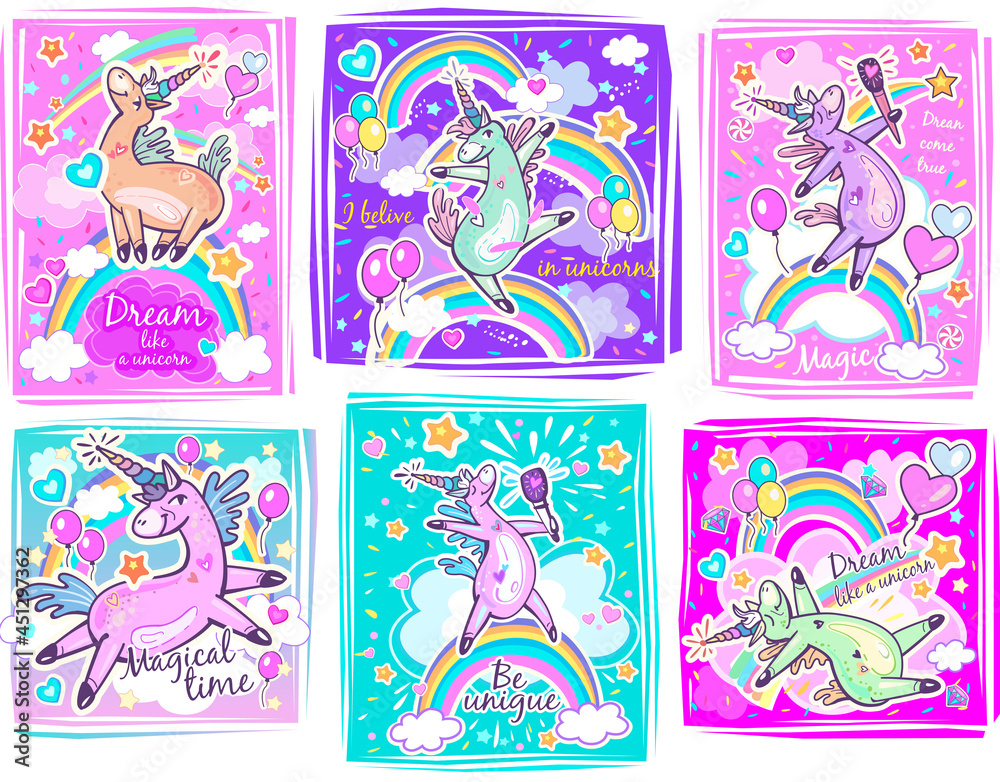 Fototapeta premium Posters set with Unicorns and Inspiring Quotes