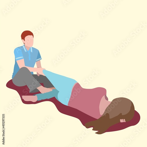 Yumeiho yoga vector illustration. Exercise, stretching, online yoga. Material for postcard poster and banner. Healthy lifestyle. Homework.