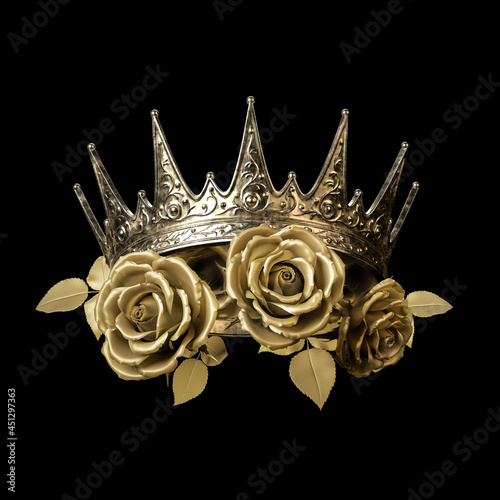 Fototapeta Naklejka Na Ścianę i Meble -  Golden crown with roses on black background 