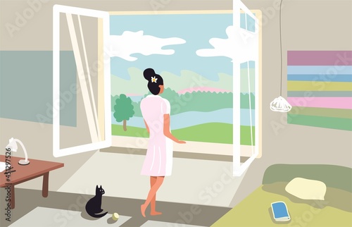 Girl looks out window. Vector illustration. Nice view from window to river. Apartment on first line. Aesthetics interior comfort. Home comfort. Interior design. Tree outside the window.