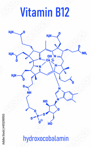 Hydroxocobalamin vitamin B12 molecule. Often given therapeutically in case of B12 deficiency. Skeletal formula.