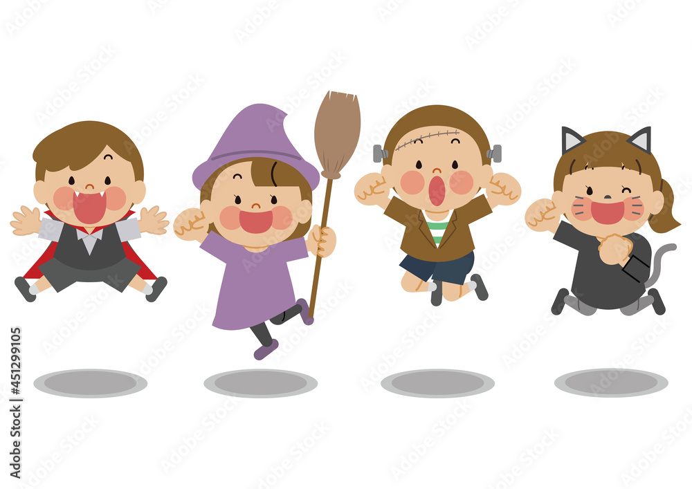ハロウィンで仮装してジャンプする子供たち