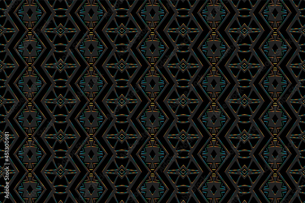 Geometric volumetric convex 3D pattern. Embossed fantasy black background in oriental, indian, mexican, aztec styles. Shiny texture with ethnic trendy ornament.