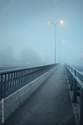 An empty illuminated asphalt road (highway) in a thick fog. Pedestrian walkway, crossing, street lights. Dangerous driving, walking, cycling, traffic laws concepts photo