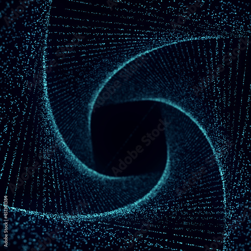 Abstract fractal lighting tunnel. 3d rendering. Swirling blue symbol. Optical illusion. Twisted wormhole. 3D wireframe abstract tunnel.