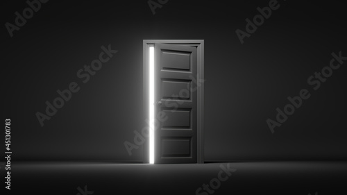 3d render, bright light glowing from an open door isolated on a black background. Architectural design element. Modern minimal concept. Hope metaphor photo