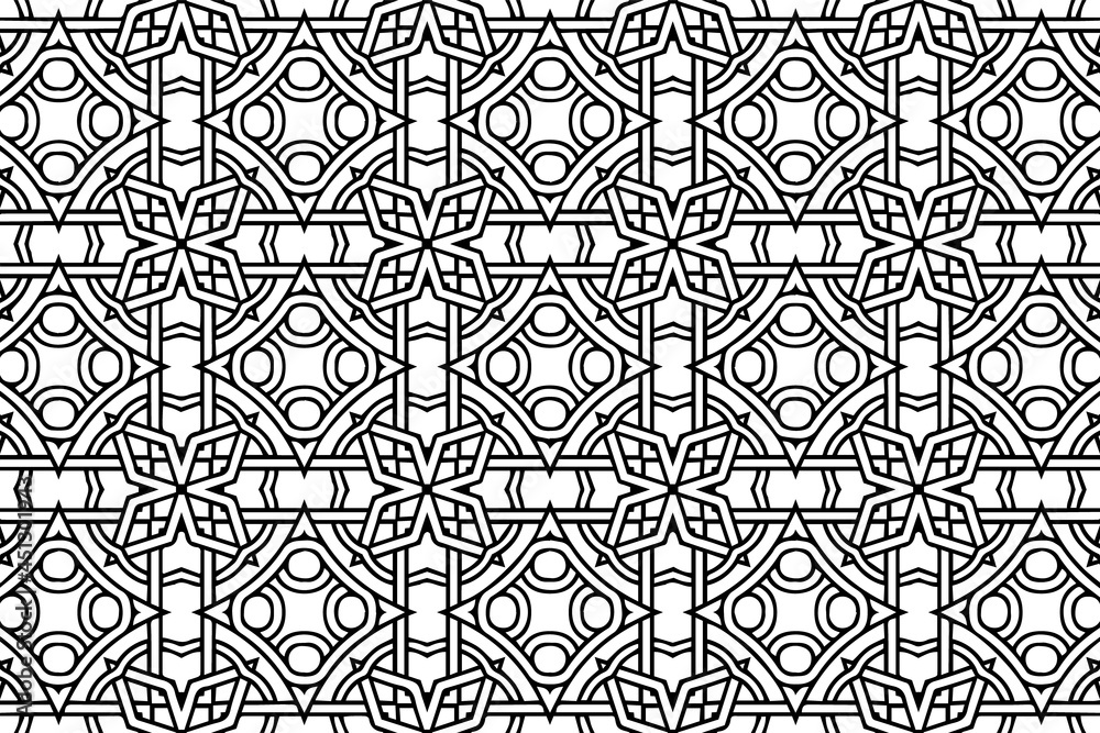 Ethnic beautiful pattern, geometric figured background. Oriental, Indonesian artistic ornament. Black white template for creativity, coloring, design.