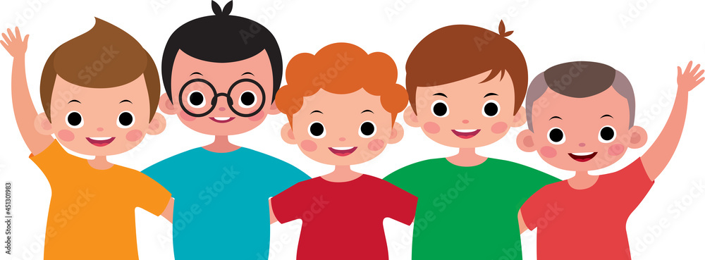 Group of boys hugging. Friendship of schoolchildren. Vector illustration isolated on white background Group of boys hugging. Friendship of schoolchildren. Vector illustration isolated on white background