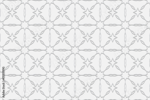 3D volumetric convex embossed geometric unique white background. Ethnic pattern, arabesque texture. Oriental, Asian, Indonesian minimalist ornaments for design. 