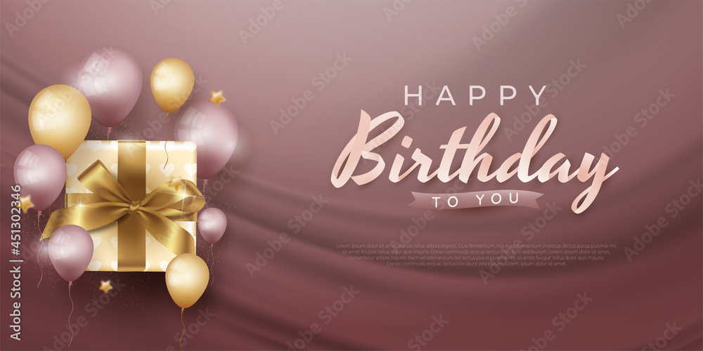 Happy Birthday holiday banner with realistic balloons and gift boxes