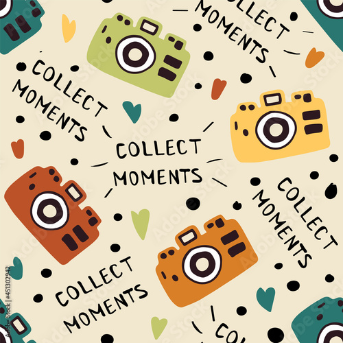 Photo camera seamless pattern with text  collect moments. Colorful vector draw illustration with cameras in catroon style.