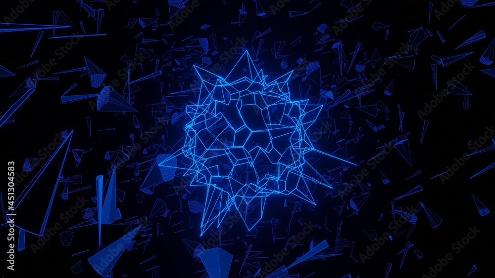 Animated background. Pulsating neon sphere of blue light flies through