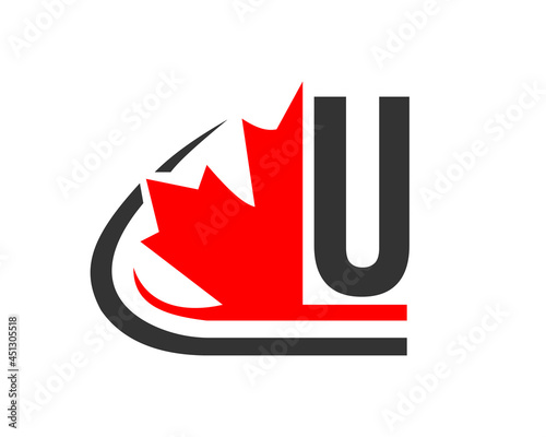Canadian Red Maple leaf with U letter Concept. U letter Maple leaf logo design