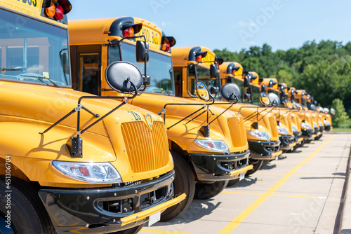Shiny yellow school buses parked in the school parking lot