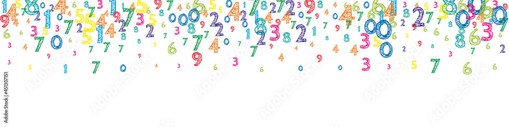 Falling colorful orderly numbers. Math study concept with flying digits. Comely back to school mathematics banner on white background. Falling numbers vector illustration.