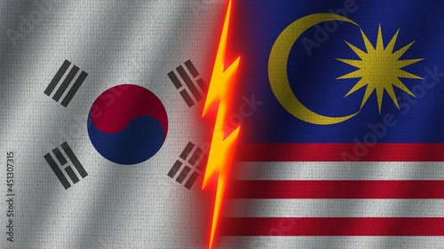 Malaysia and South Korea Flags Together, Wavy Fabric Texture Effect, Neon Glow Effect, Shining Thunder Icon, Crisis Concept, 3D Illustration