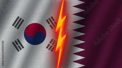 Qatar and South Korea Flags Together, Wavy Fabric Texture Effect, Neon Glow Effect, Shining Thunder Icon, Crisis Concept, 3D Illustration