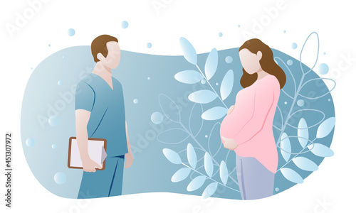 A pregnant woman with a doctor on a blue background with leaves. Vector illustration in a flat style.