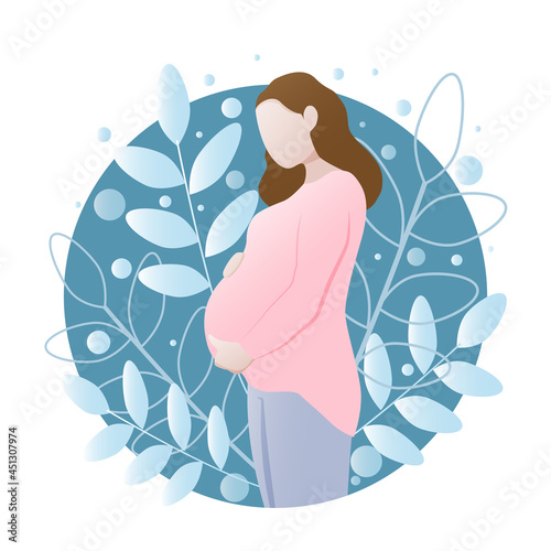 A pregnant woman gently hugs her stomach on a blue background with leaves. Vector illustration in a flat style.