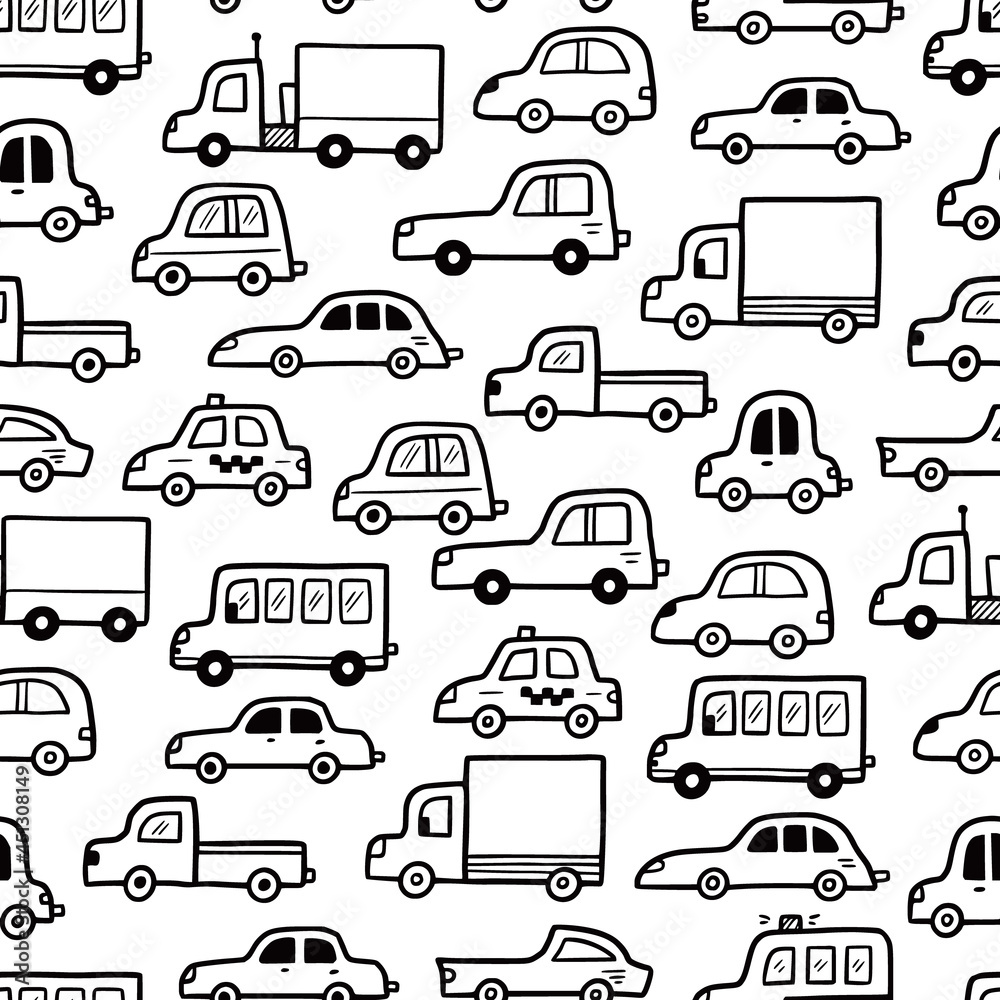 Car pattern. Doodle sketch style seamless background. Hand drawn toy car vector illustration for baby texture, print. Car pattern. Doodle sketch style seamless background. Hand drawn toy car vector illustration for baby texture, print.
