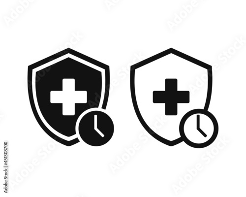 Longterm care symbol. Life insurance icon. Shield with plus and time symbol. Illustration vector Illustration vector 