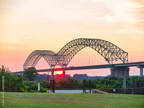 Hernando Desoto Bridge on the Mississippi River at dusk