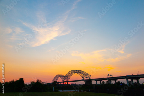 Hernando Desoto Bridge on the Mississippi River at dusk © funbox