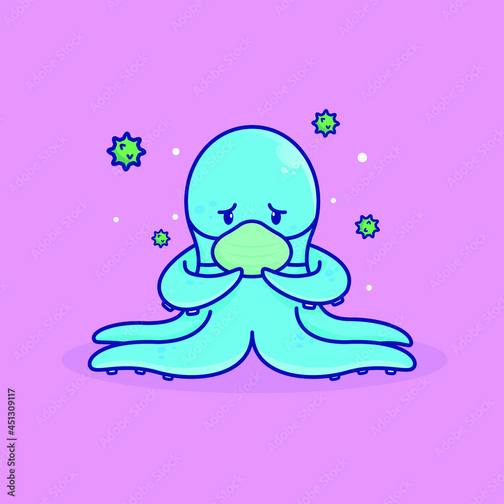 Fototapeta premium cute octopus wearing mask cover from virus illustration