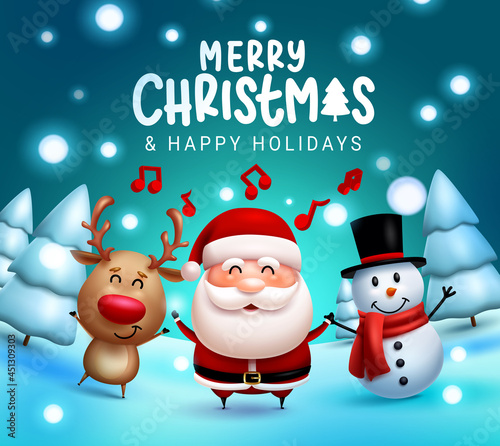 Christmas characters vector design. Merry christmas text with singing santa claus, reindeer and snowman characters in snowy background for xmas greeting card. Vector illustration
