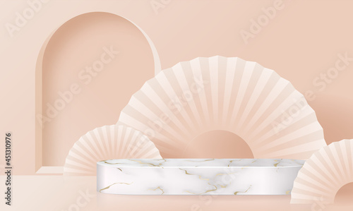 3d Background products marble podium with Eucalyptus leaves in love platform. background vector 3d with cylinder. podium stand to show cosmetic product with craft style.