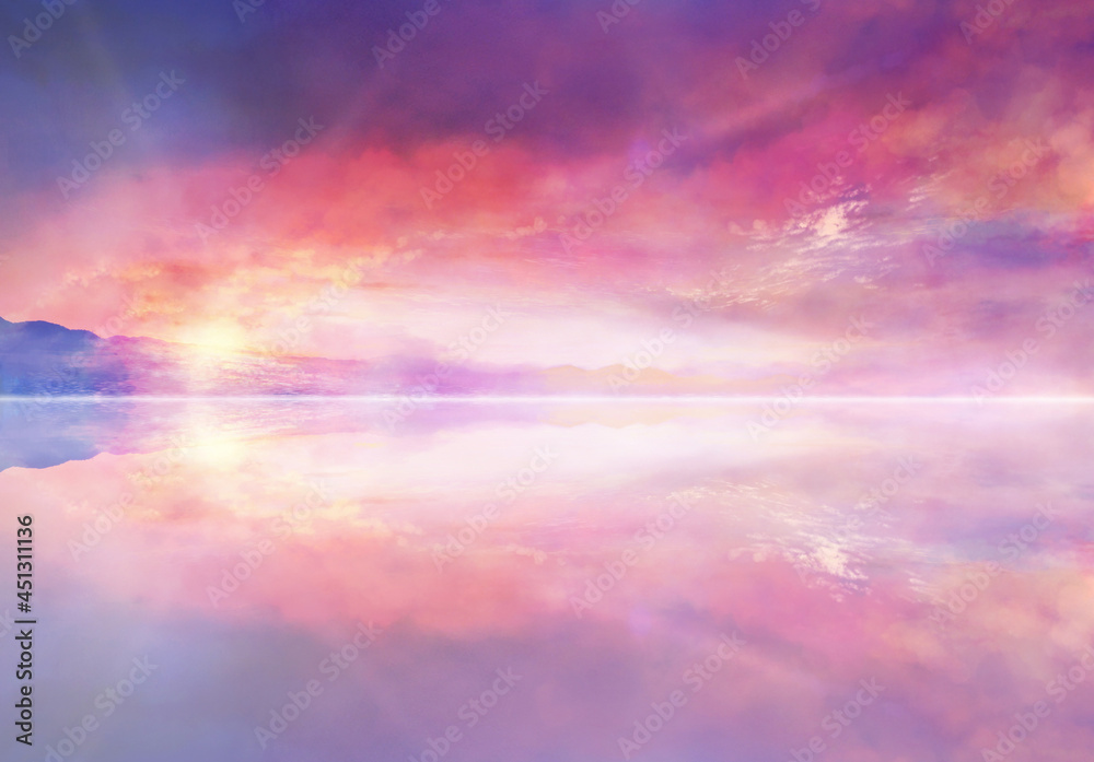 水鏡に映る夕焼けの風景イラスト Stock Illustration Adobe Stock